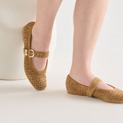 MIKEL BALLET FLATS LT BROWN PERFORATED SUEDE