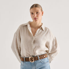 RECTANGLE BUCKLE STUDDED BELT BROWN