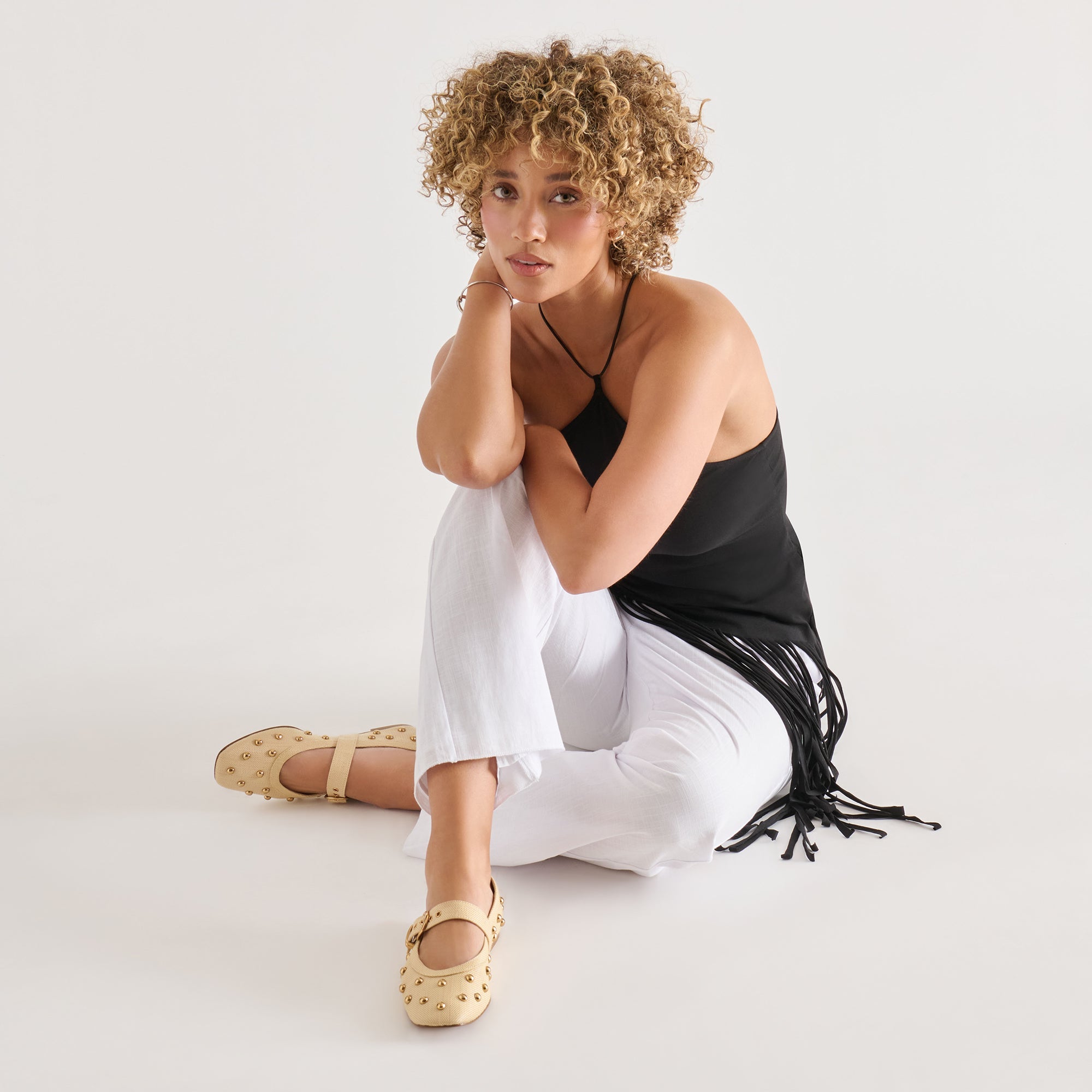 MIKEL STUD BALLET FLATS LT NATURAL RAFFIA